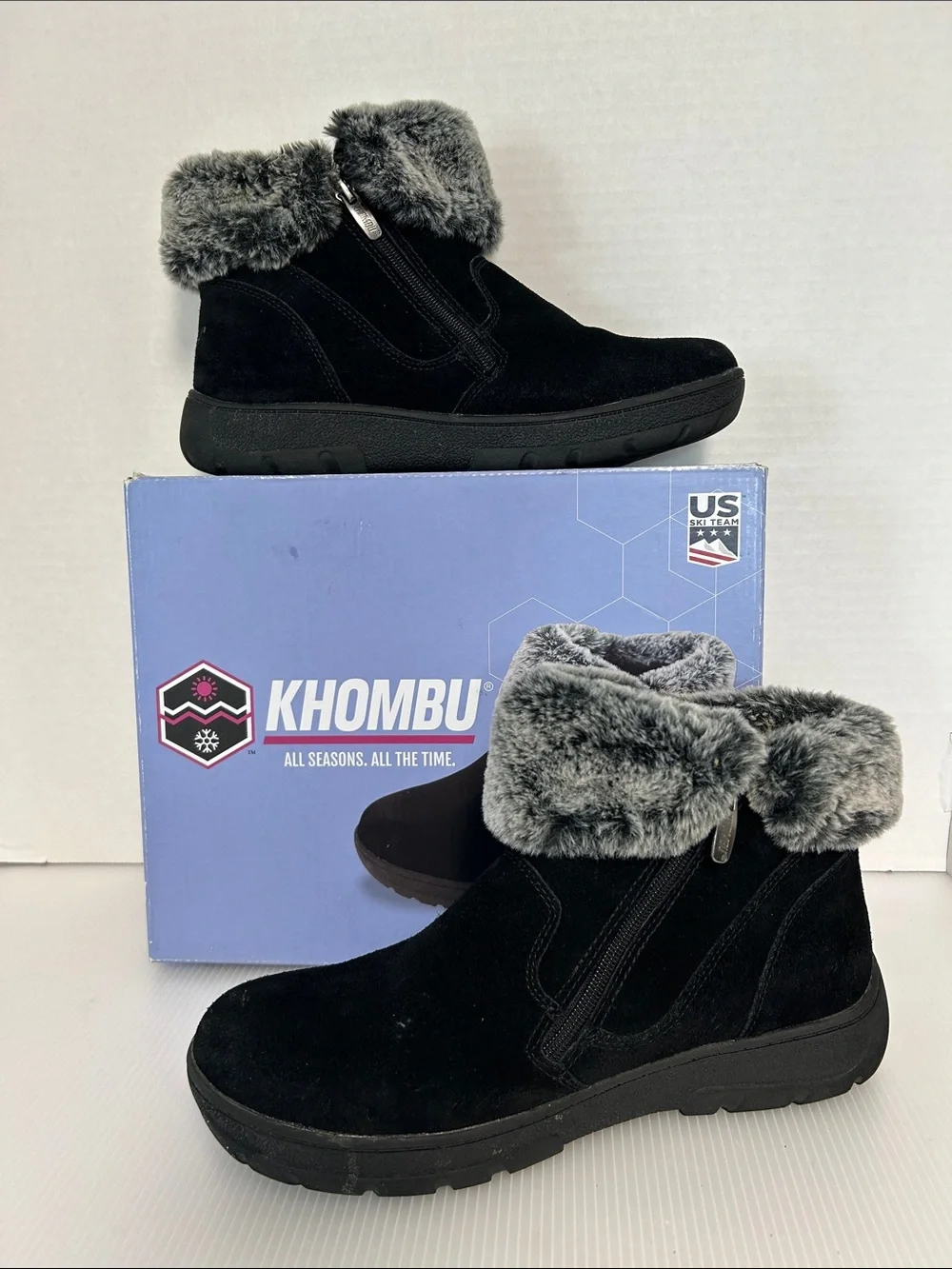 Khombu “Jessica” Black Suede Zip Ankle Boots Grey Faux Fur Collar Womens 10